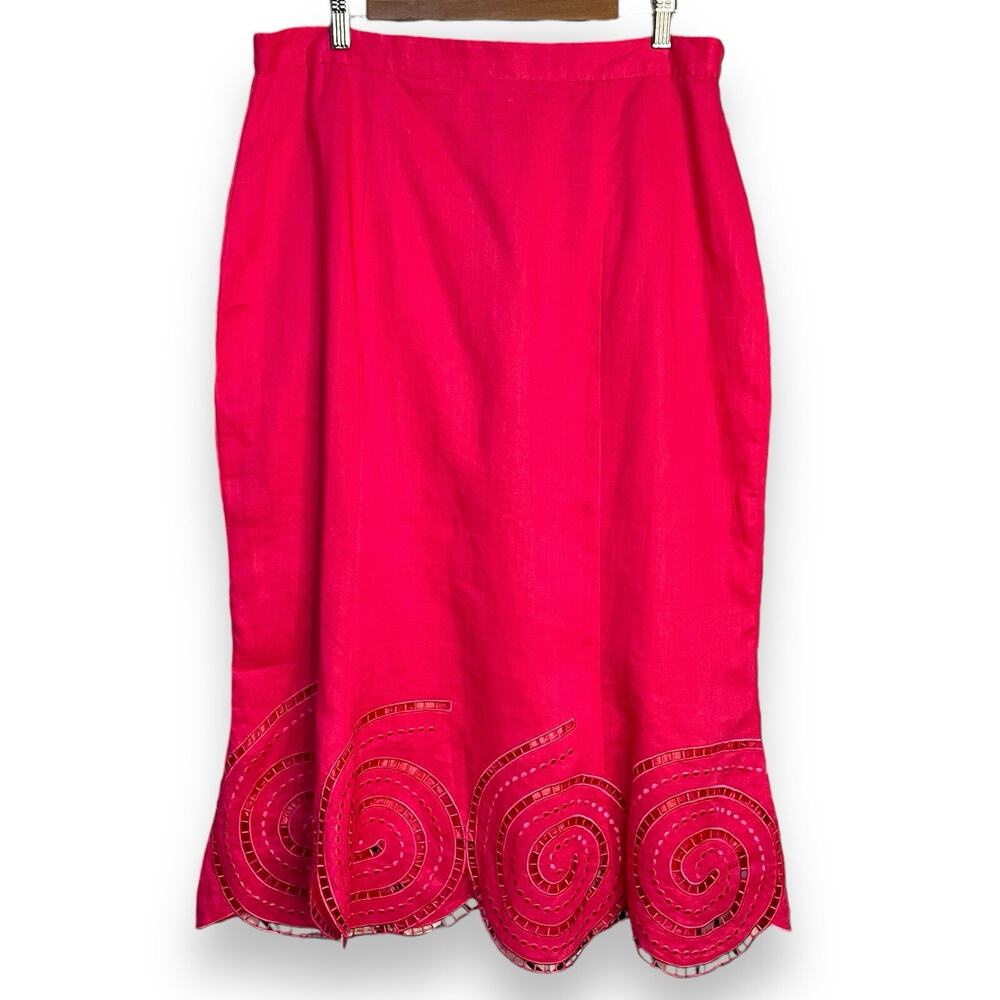 Elizeh Midi Skirt Women's 14 Pink Linen Cutout Hem Retro Academia Modest Casual